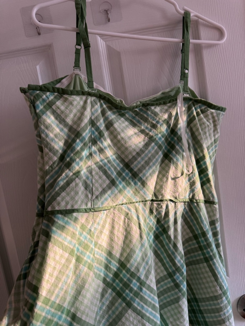VINTAGE Gingham Strapless 90s Midi Dress Green 100% Cotton Size 14 - Picture 7 of 13